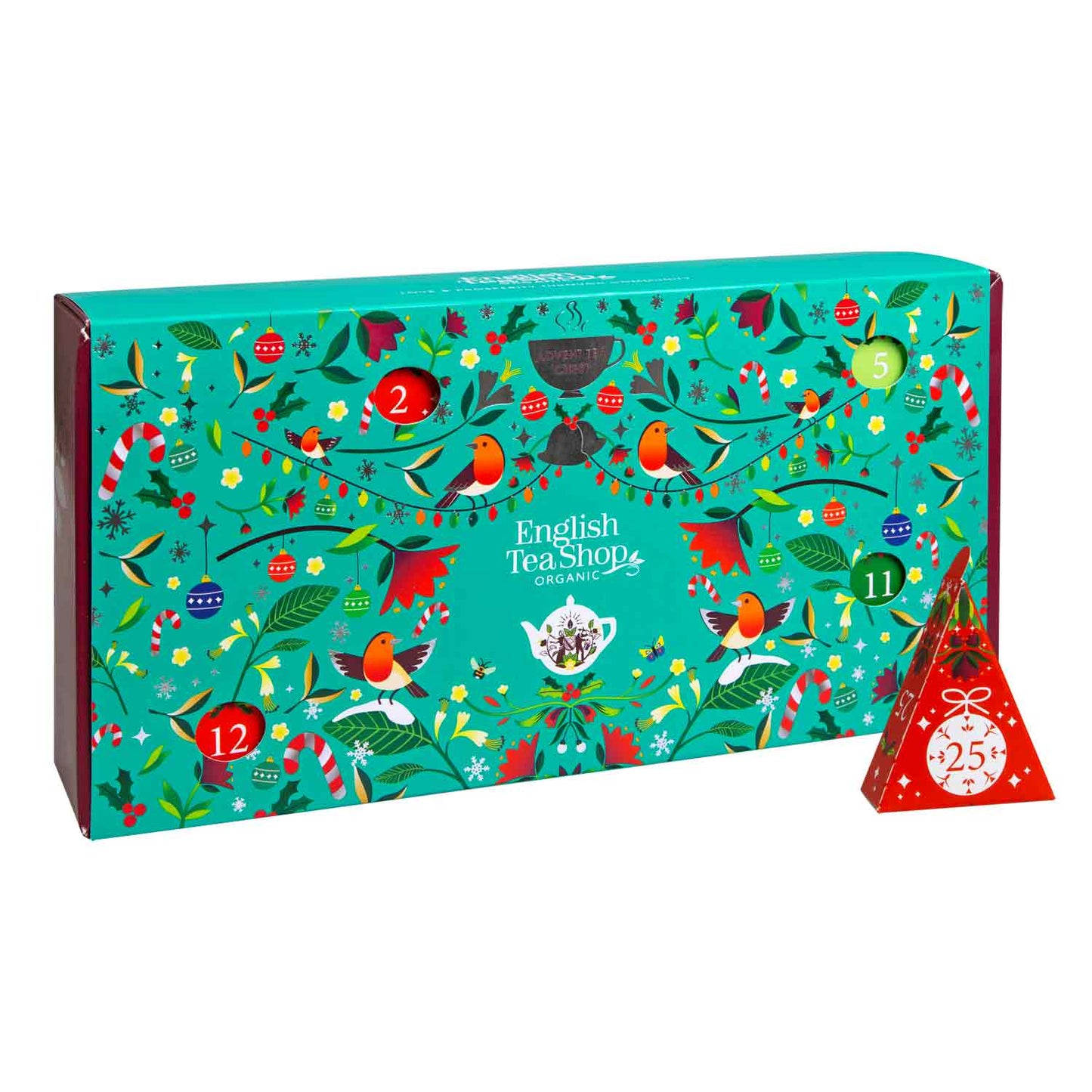 Der English Tea Shop BIO Tee Adventskalender "Christmas Vibes only" enthält 25 Pyramidenbeutel mit festlichen Motiven - Vögel, Blätter und Ornamente - und ist damit das perfekte Adventsgeschenk für Teeliebhaber.