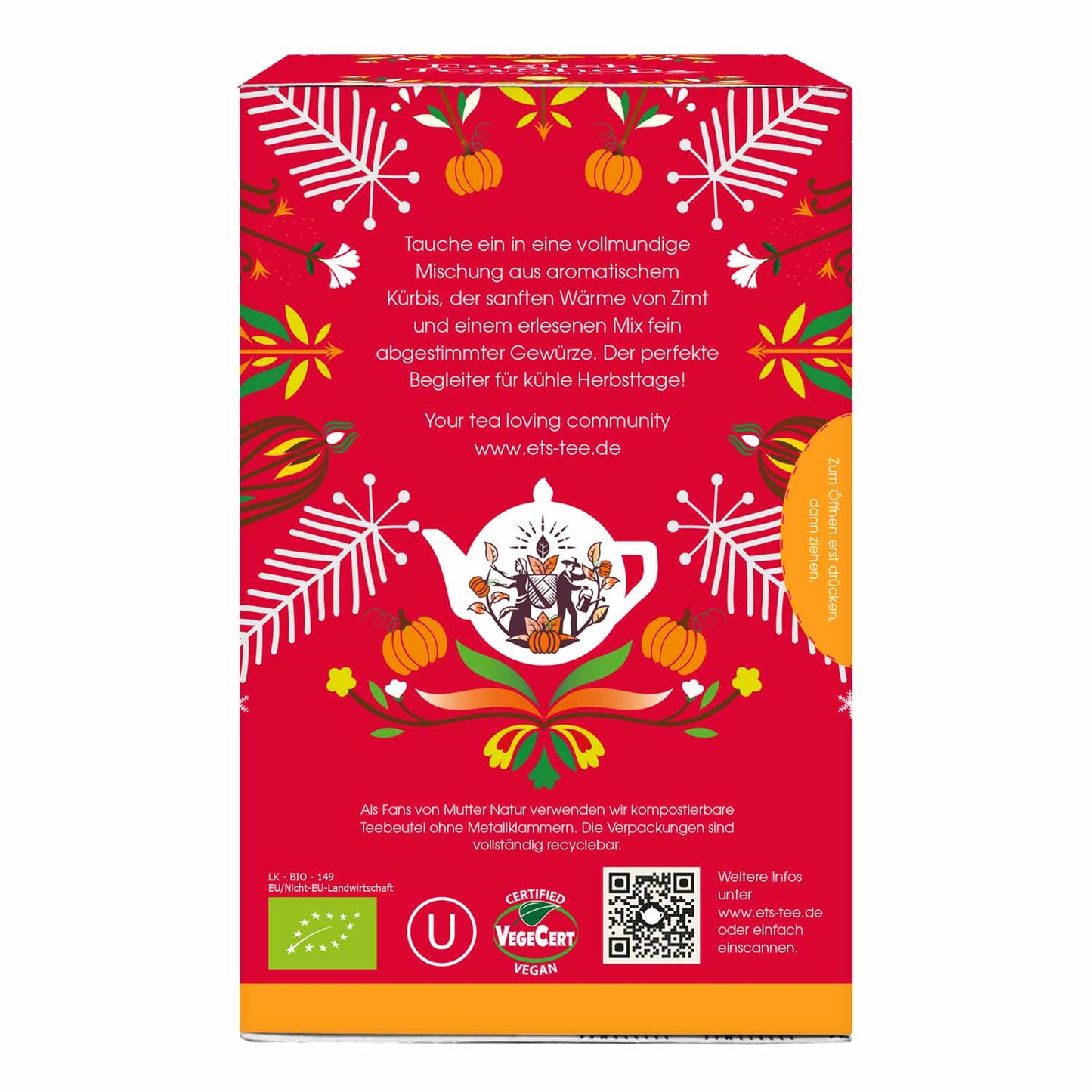 Eine farbenfrohe Schachtel von English Tea Shop mit herbstlichen Motiven wie Kürbissen und Blättern, mit "BIO Kräutertee" und "Spicy Pumpkin" Mischung. In der Mitte ist eine Teekanne abgebildet; die Zertifizierungslogos befinden sich darunter. Enthält 20 Bio-Wintertee-Teebeutel.