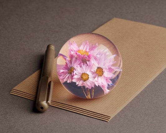 Ein Metallstift und braune Umschläge liegen auf einem Tisch, auf dem ein Hafod Grange Rhodanthe Briefbeschwerer liegt - ein dekorativer Briefbeschwerer mit rosa und gelben Blüten.