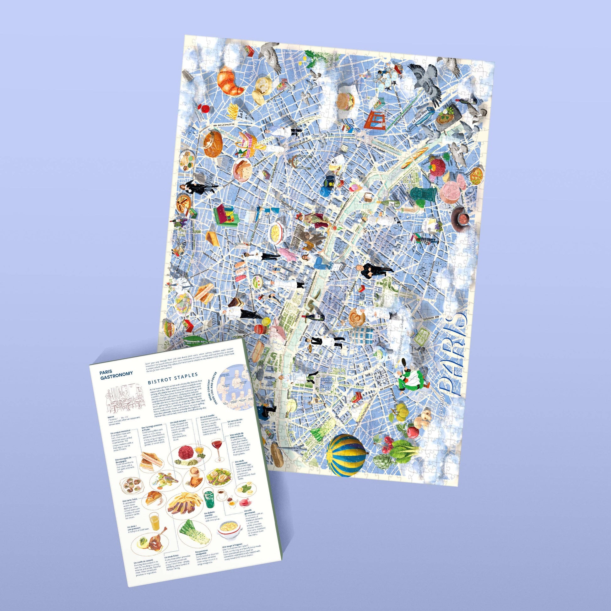 Das Water & Wines - Gourmet-Puzzle - Paris zeigt eine lebendig illustrierte Karte mit Pariser Wahrzeichen und kulinarischen Köstlichkeiten. Ein kleinerer Führer zeigt französische Gerichte - perfekt als Geschenk für Feinschmecker - auf einem hellvioletten Hintergrund.