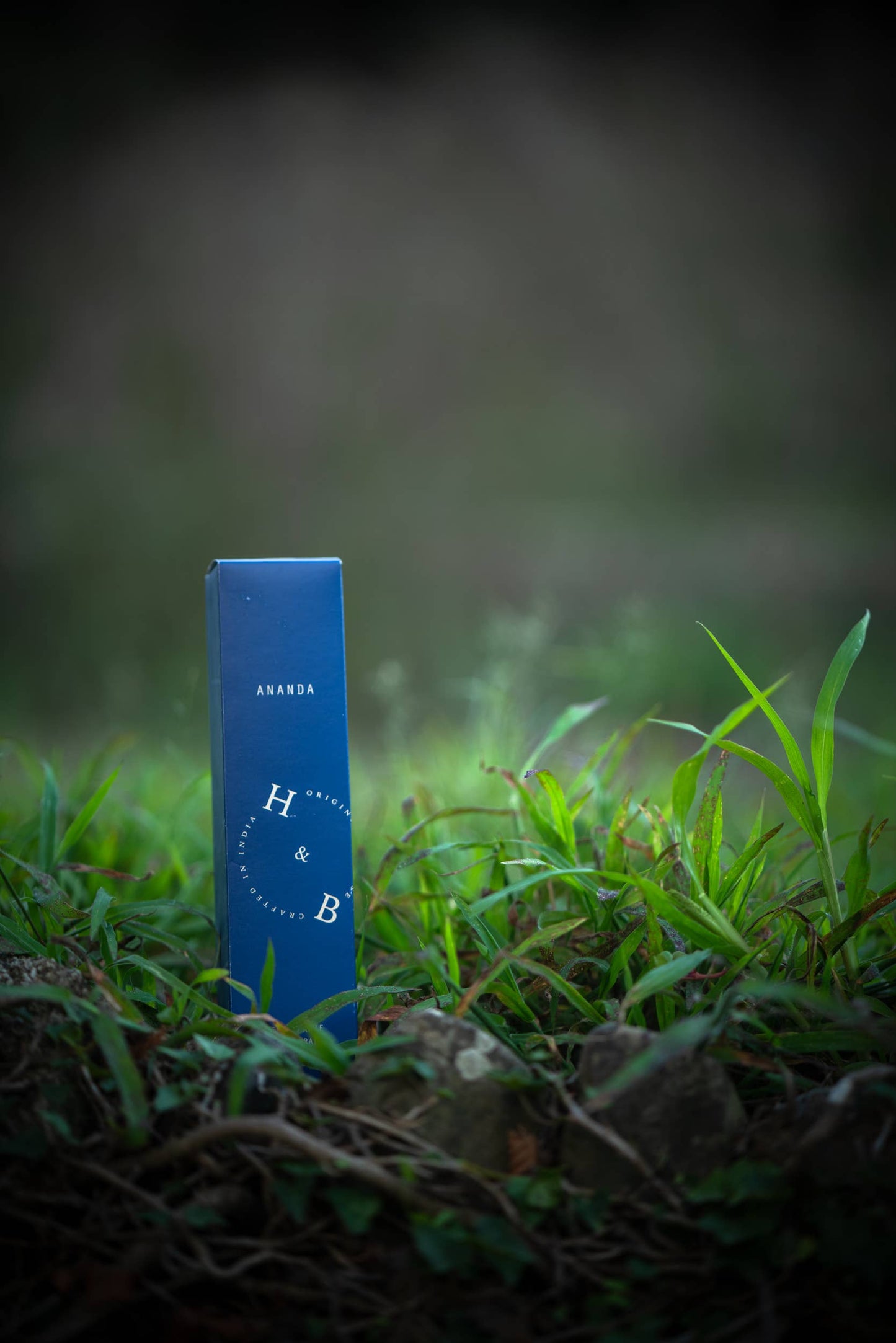 Eine blaue, rechteckige Dose mit der Aufschrift H&B Incense - Natürlicher Weihrauch von Ananda steht aufrecht inmitten von grünem Gras und Pflanzen und fängt die beruhigende Essenz der Meditation mit einem verschwommenen natürlichen Hintergrund ein.