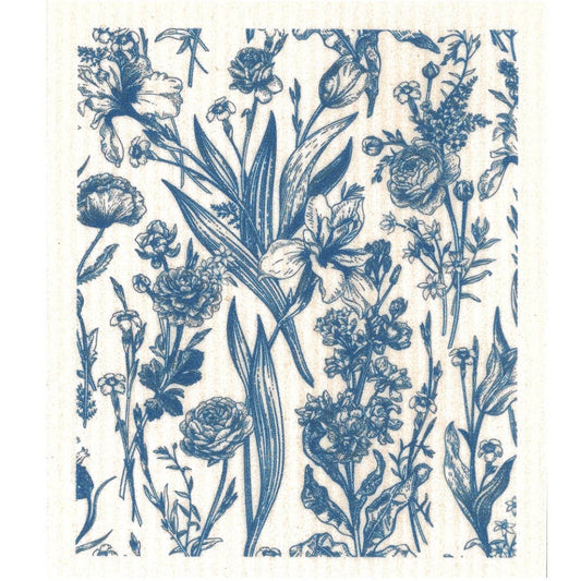 Auf dem More Joy – Schwammtuch „Vintage Blue Flowers“ wiederholen sich Linienkunst und Blätter im Vintage-Stil auf einem hellbeigen Hintergrund. Hergestellt von More Joy aus umweltfreundlichen Materialien.