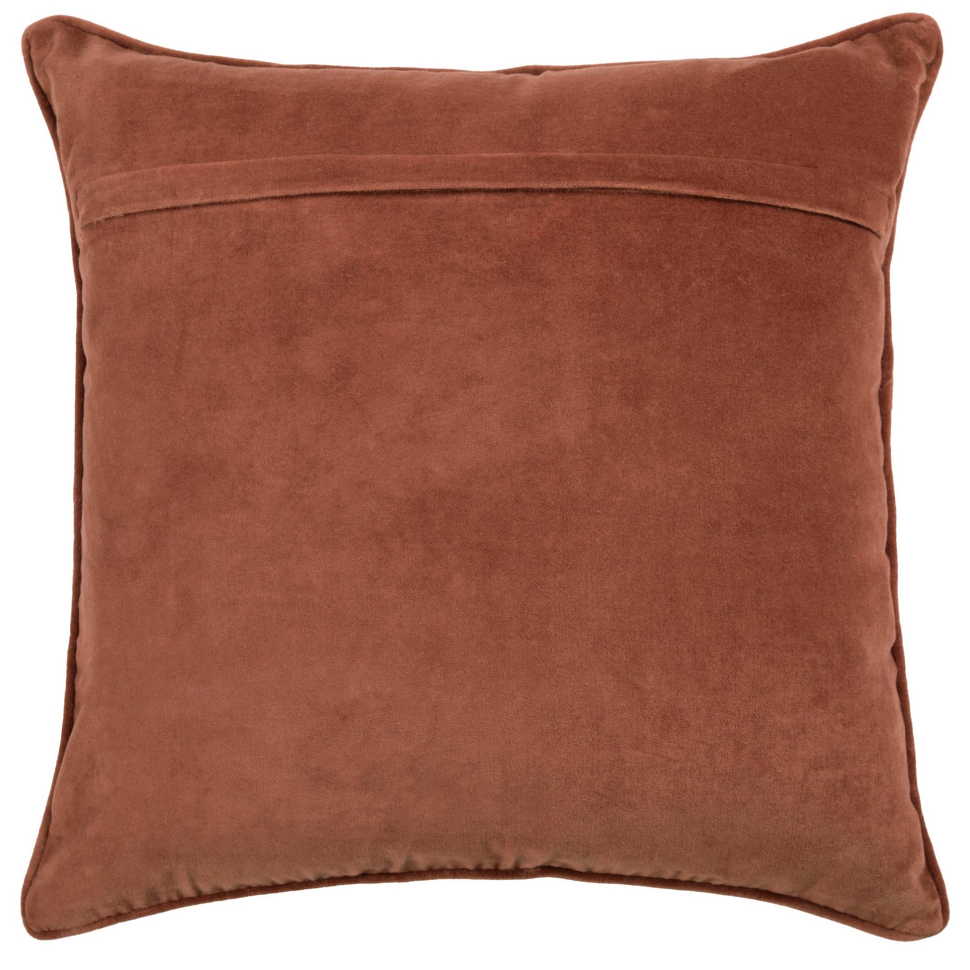 Das Riva Home Bestickte Kissen mit Kräutermotiv Persimone ist ein quadratisches, rostfarbenes Samtkissen von hinten gesehen mit einer horizontalen Naht und einem Umschlagverschluss im oberen Bereich.