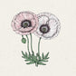 Detaillierte Illustration von Jora Dahl | Papaver rhoeas 'Mother of Pearl' (Klatschmohn) von Jora Dahl, mit einer hellrosa und einer weißen Blüte mit grünen Stielen, Blättern und einer geschlossenen Knospe auf einem strukturierten Hintergrund - ideal für Blumenliebhaber.
