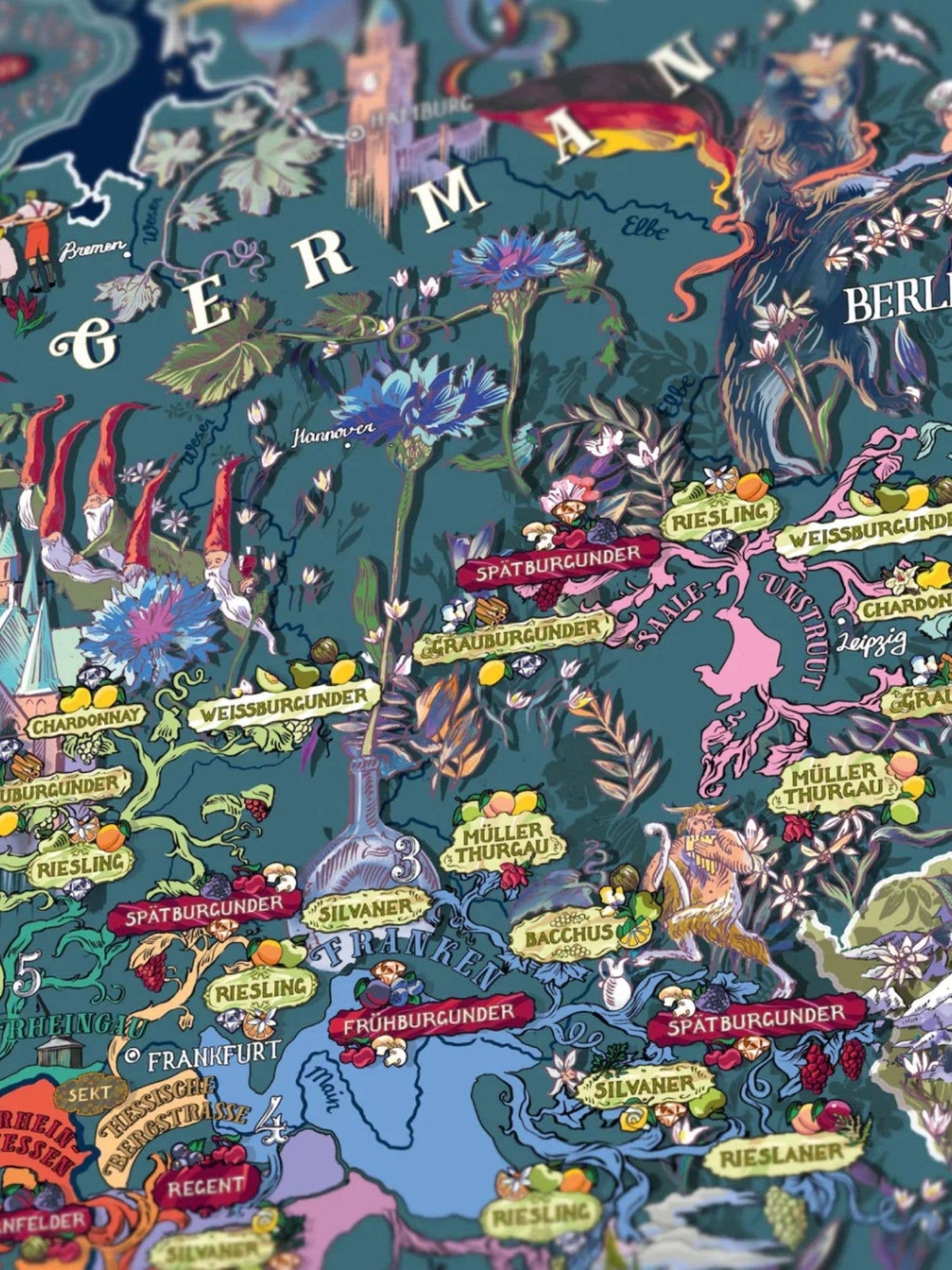 Das Water & Wines - Wein Puzzle - Deutschland von Water & Wines zeigt eine illustrierte Karte der deutschen Weinregionen, Rebsorten wie Riesling und Spätburgunder, sowie charmante Blumen, Tiere und "Germany" oben drauf - ein perfektes Geschenk für Weinliebhaber.