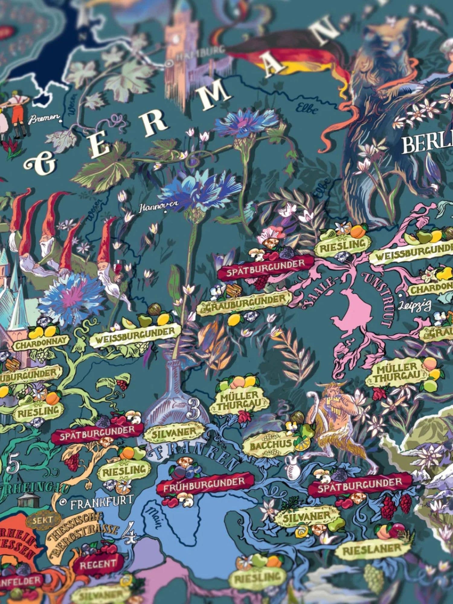 Das Water & Wines - Wein Puzzle - Deutschland von Water & Wines zeigt eine illustrierte Karte der deutschen Weinregionen, Rebsorten wie Riesling und Spätburgunder, sowie charmante Blumen, Tiere und "Germany" oben drauf - ein perfektes Geschenk für Weinliebhaber.