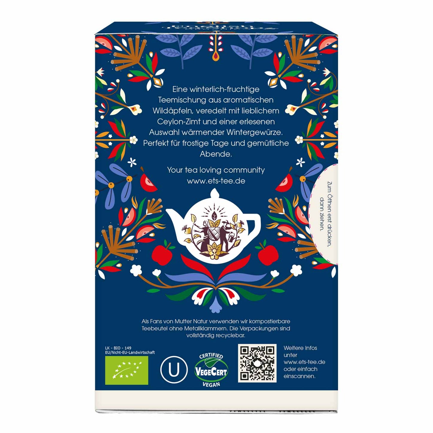 Eine farbenfrohe Teedose von English Tea Shop zeigt Blumen-, Frucht- und Wintermotive mit deutschem Text für Winter Apfel, eine fruchtige BIO-Wintermischung. Die Logos der Zertifizierung und "20 Teebeutel" erscheinen am unteren Rand.
