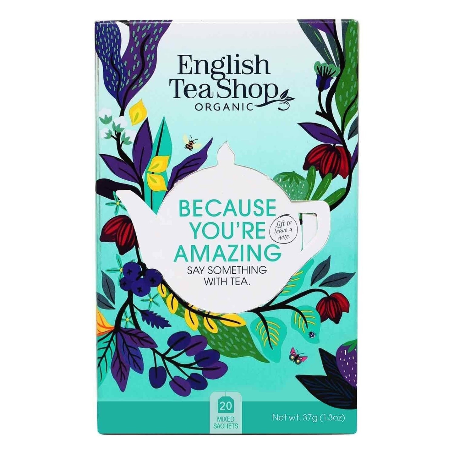 Die „You are Amazing“ Kollektion BIO von English Tea Shop bietet eine farbenfrohe Geschenkbox mit 20 verschiedenen Bio-Teebeuteln (5 Sorten), verziert mit einer weißen Teekanne und floralen Mustern, perfekt um zu sagen: „Weil du unglaublich bist.“.