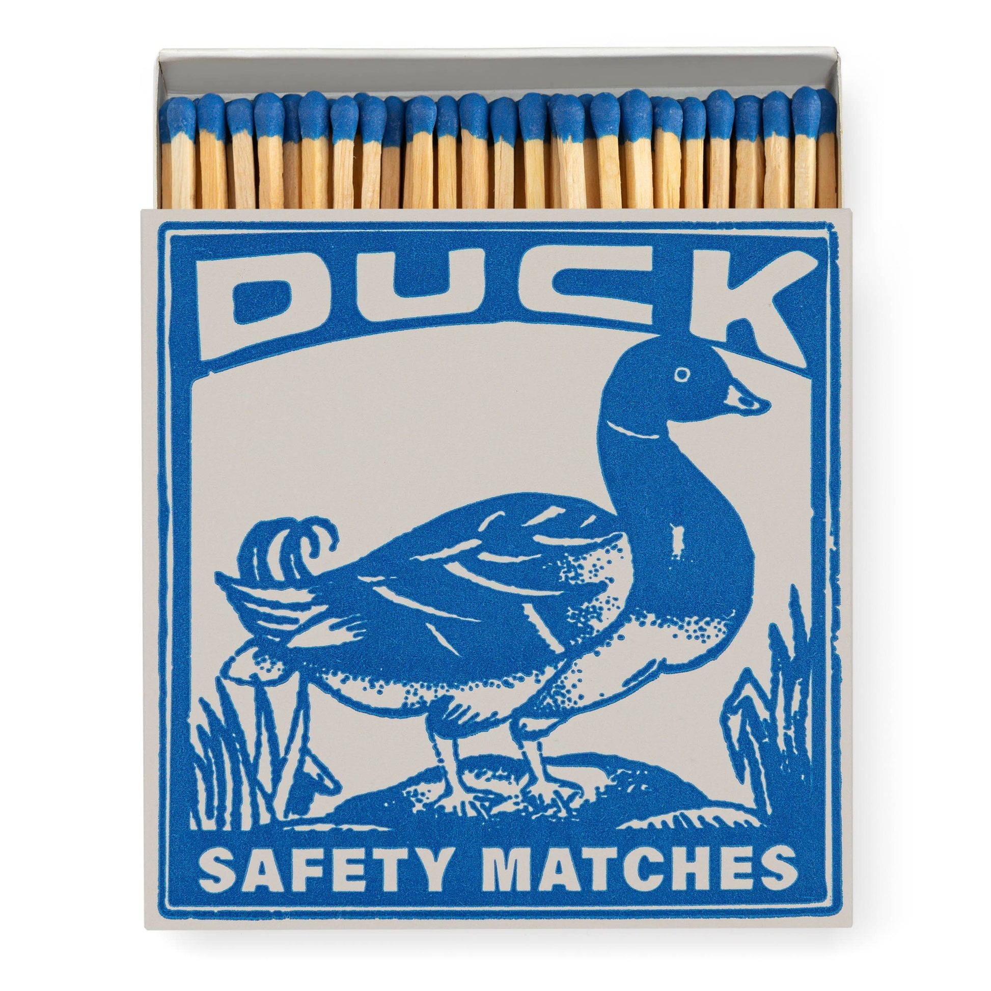 Archivist Gallery - Duck | Square - Sicherheitsstreichhölzer von Archivist Gallery bietet blaue Sicherheitsstreichhölzer in einer Schachtel mit einem auffälligen blauen Entendesign - ein perfektes Sammlerstück für jeden Streichholzschachtel-Archivar oder -Liebhaber.