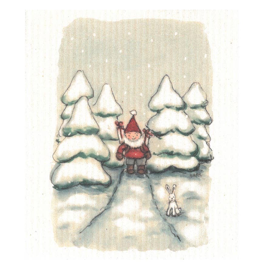 Eine fröhliche Weihnachtsszene - der Weihnachtsmann, der mit einem weißen Kaninchen und fallenden Schneeflocken durch einen verschneiten Tannenwald spaziert - ziert das More Joy - Schwammtuch Christmas Forest Walking von More Joy und macht es perfekt für die Jahreszeit.