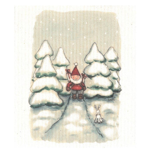 Eine fröhliche Weihnachtsszene - der Weihnachtsmann, der mit einem weißen Kaninchen und fallenden Schneeflocken durch einen verschneiten Tannenwald spaziert - ziert das More Joy - Schwammtuch Christmas Forest Walking von More Joy und macht es perfekt für die Jahreszeit.