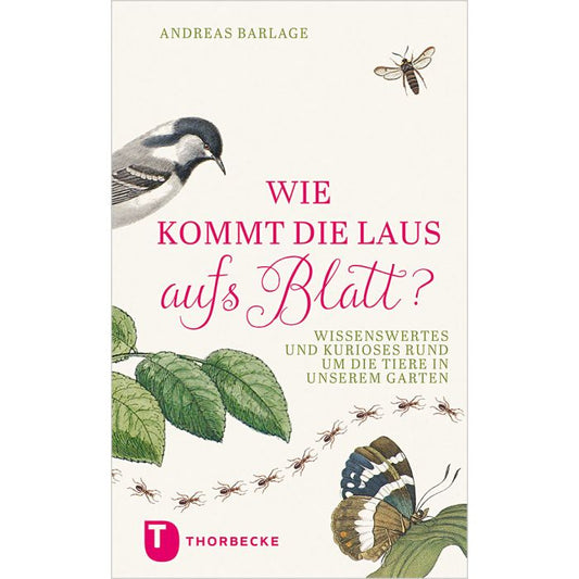 Das Buchcover von Wie kommt die Laus aufs Blatt? aus dem Thorbecke Verlag zeigt einen Vogel auf einem Ast, Ameisen und einen Schmetterling an Blättern. Im Untertext werden Gartentiere, nützliche Insekten und Schädlinge mit spannenden Fakten vorgestellt.