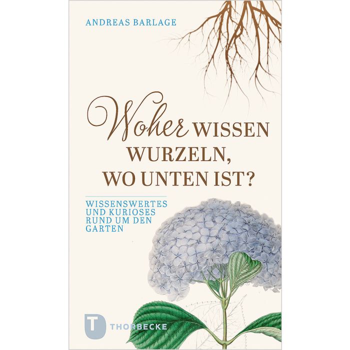 Das Buchcover zeigt eine weiße Hortensienblüte mit freiliegenden braunen Wurzeln darüber. Titel: Woher wissen Wurzeln, wo unten ist? im Thorbecke Verlag. Enthält faszinierende Pflanzenfakten für Hobbygärtner und Gartenliebhaber.