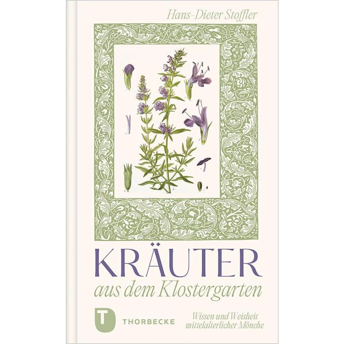 Das Cover von "Kräuter aus dem Klostergarten" aus dem Thorbecke Verlag zeigt botanische Heilkräuter-Illustrationen in einer grünen Umrandung, wobei der Titel an den Charme eines mittelalterlichen Klostergartens erinnert.