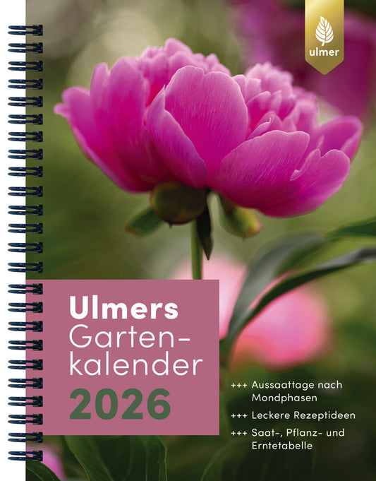 Das Titelbild von Ulmers Gartenkalender 2026 aus dem Ulmer Verlag zeigt eine blühende rosa Pfingstrose. Der Kalender enthält einen Mondkalender, Tipps für den Anbau von Obst und Gemüse, Rezeptideen sowie Saat- und Erntetabellen.