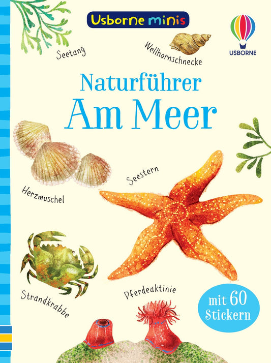 Cover von „Usborne Minis Naturführer: Am Meer“ vom dtv Verlag, einem deutschen Naturführer für Kinder mit Illustrationen und Beschriftungen von Meerestieren wie Seesternen, Krabben und Muscheln sowie einem blauen „mit 60 Stickern“-Aufkleber.
