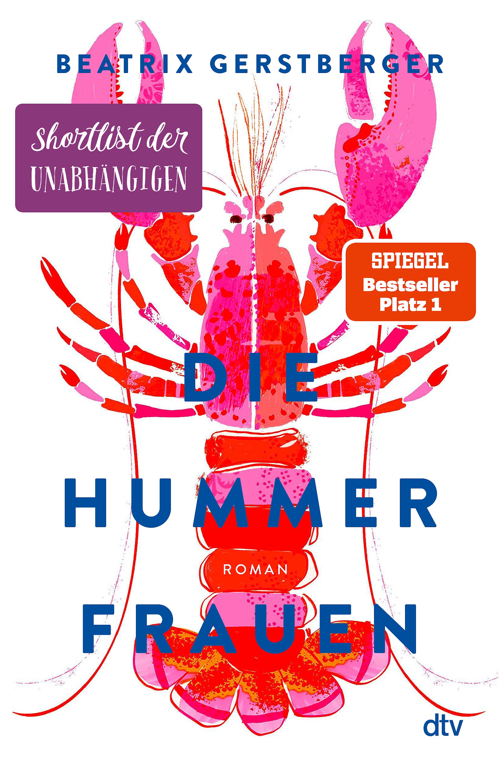 Buchumschlag für Die Hummerfrauen vom dtv Verlag, mit einer rosa-roten Hummer-Illustration, Preisschildern und blauem Titeltext auf weißem Hintergrund - ideal für Fans der Adlerinsel-Geschichten.