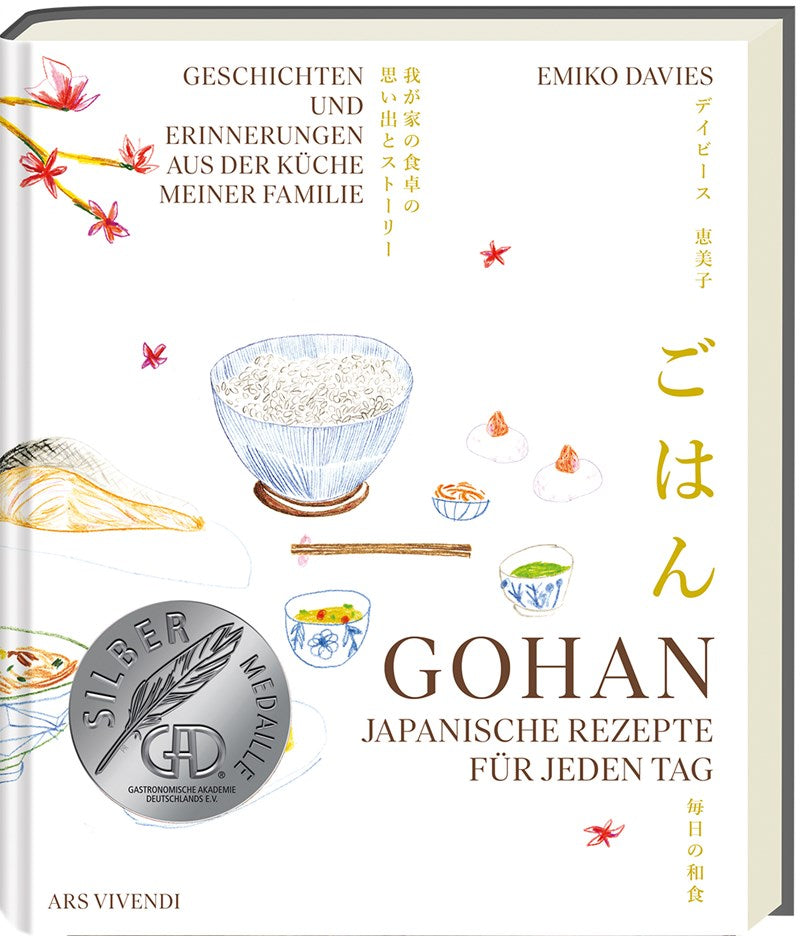 Buchumschlag für Gohan aus dem Ars Vivendi Verlag mit Illustrationen der authentischen japanischen Küche, Reisschalen und Tee. Mit deutschem und japanischem Text sowie einer Silbermedaillen-Plakette.