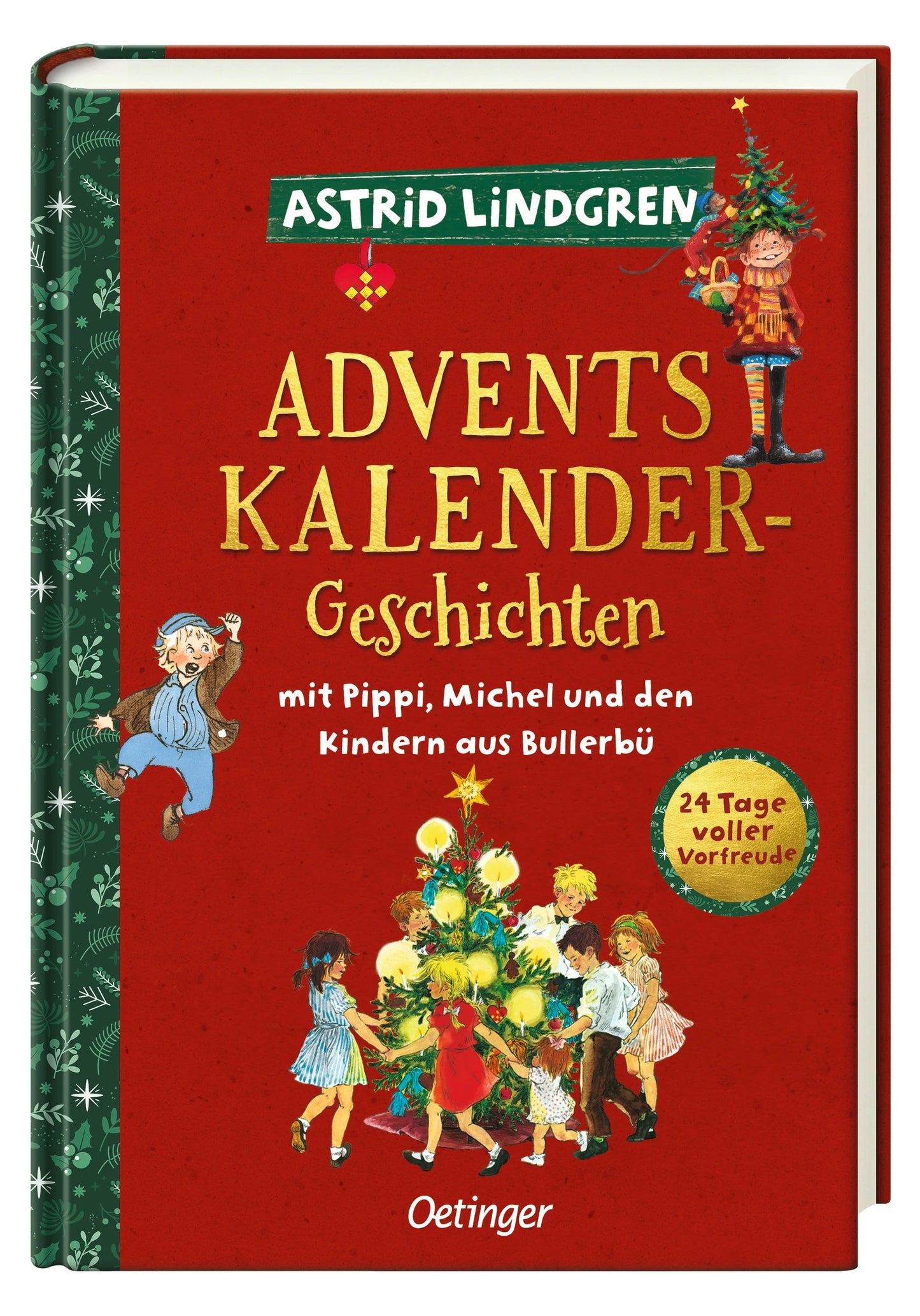 Das Buchcover der Adventskalender-Geschichten mit Pippi, M aus dem Oetinger Verlag zeigt Kinder beim Schmücken eines Weihnachtsbaums auf Rot. Festliche Kunst unterstreicht 24 Adventsgeschichten, darunter "Pippi plündert den Weihnachtsbaum".