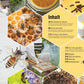 Eine Collage für Das Bienen Buch vom DK Verlag mit Bienen auf Blumen, Waben, Honiggläsern, Imkern mit Bienenstöcken und Rähmchen - angeordnet um eine deutsche Inhaltsseite.