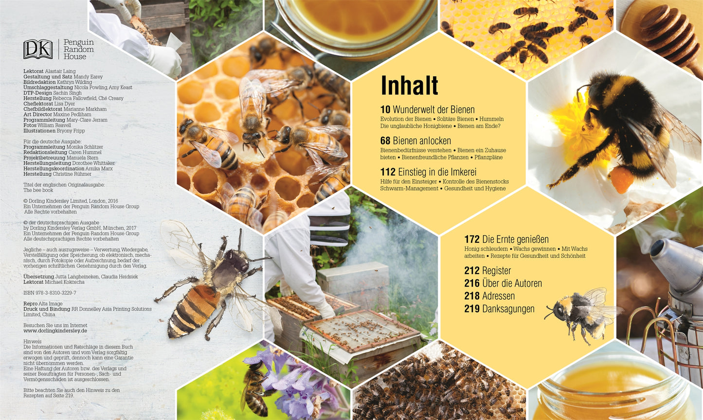 Eine Collage für Das Bienen Buch vom DK Verlag mit Bienen auf Blumen, Waben, Honiggläsern, Imkern mit Bienenstöcken und Rähmchen - angeordnet um eine deutsche Inhaltsseite.