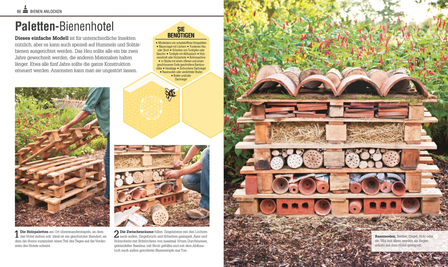 Das Bienen Buch von DK Verlag zeigt mit deutschen Anleitungen und Diagrammen, wie man ein DIY-Bienenhotel aus Holzpaletten, Ziegeln, Lehrröhren und Naturmaterialien im bienenfreundlichen Garten baut.
