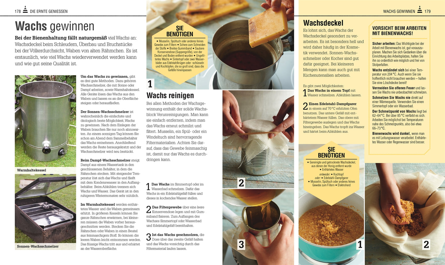 Eine deutschsprachige Ausgabe des Magazins Das Bienen Buch aus dem DK Verlag mit Schritt-für-Schritt-Anleitungen und Fotos zum Sammeln, Reinigen, Schmelzen und Filtern von Bienenwachs für die Herstellung von Bienenwachsdeckeln.