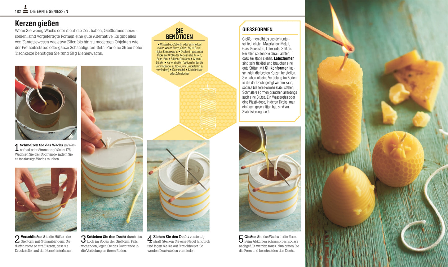 Eine Schritt-für-Schritt-Fotoanleitung aus Das Bienen Buch vom DK Verlag zeigt, wie man Bienenwachskerzen mit verschiedenen Formen herstellt - ideal für angehende Imker oder einen bienenfreundlichen Garten - mit Nahaufnahmen von Werkzeug, Gießwachs, Dochten und fertigen Kerzen auf türkisfarbenem Holz.