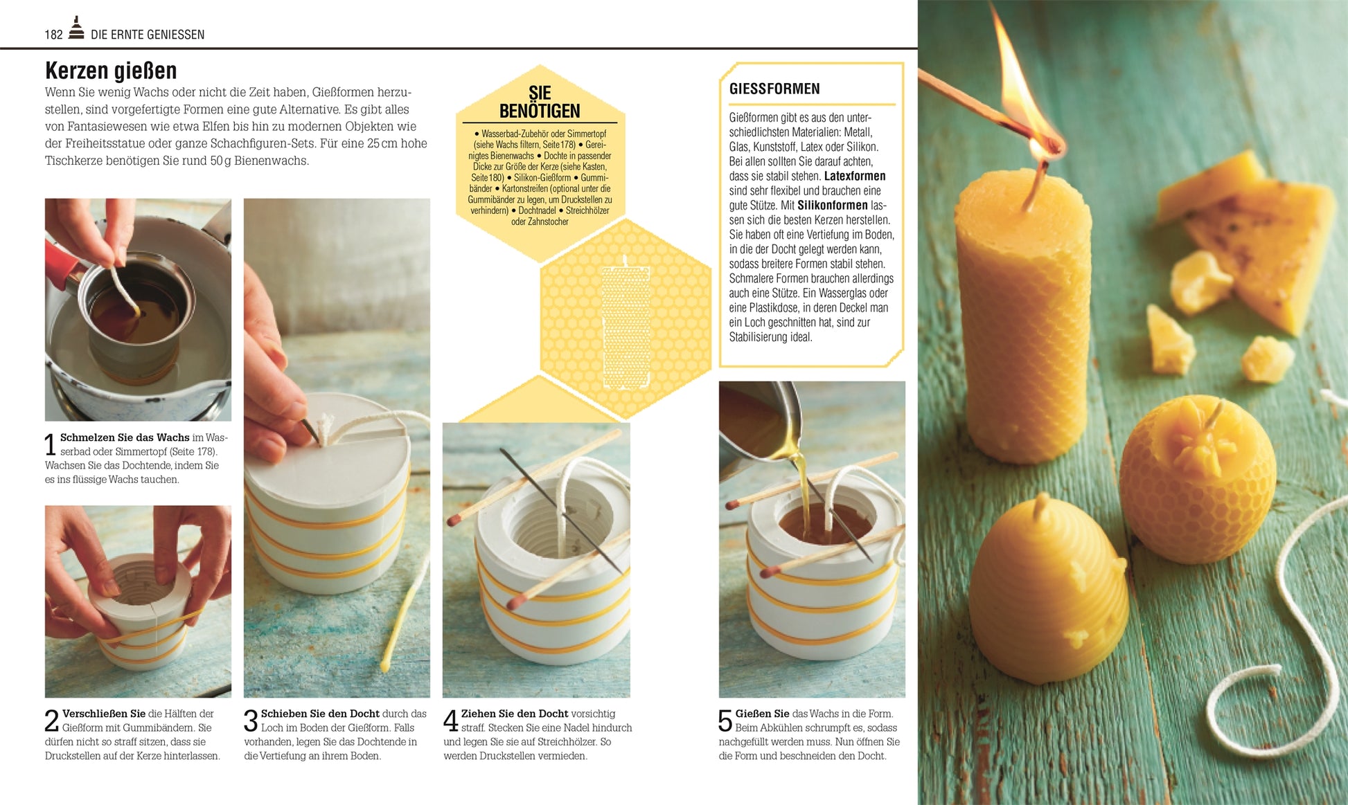 Eine Schritt-für-Schritt-Fotoanleitung aus Das Bienen Buch vom DK Verlag zeigt, wie man Bienenwachskerzen mit verschiedenen Formen herstellt - ideal für angehende Imker oder einen bienenfreundlichen Garten - mit Nahaufnahmen von Werkzeug, Gießwachs, Dochten und fertigen Kerzen auf türkisfarbenem Holz.