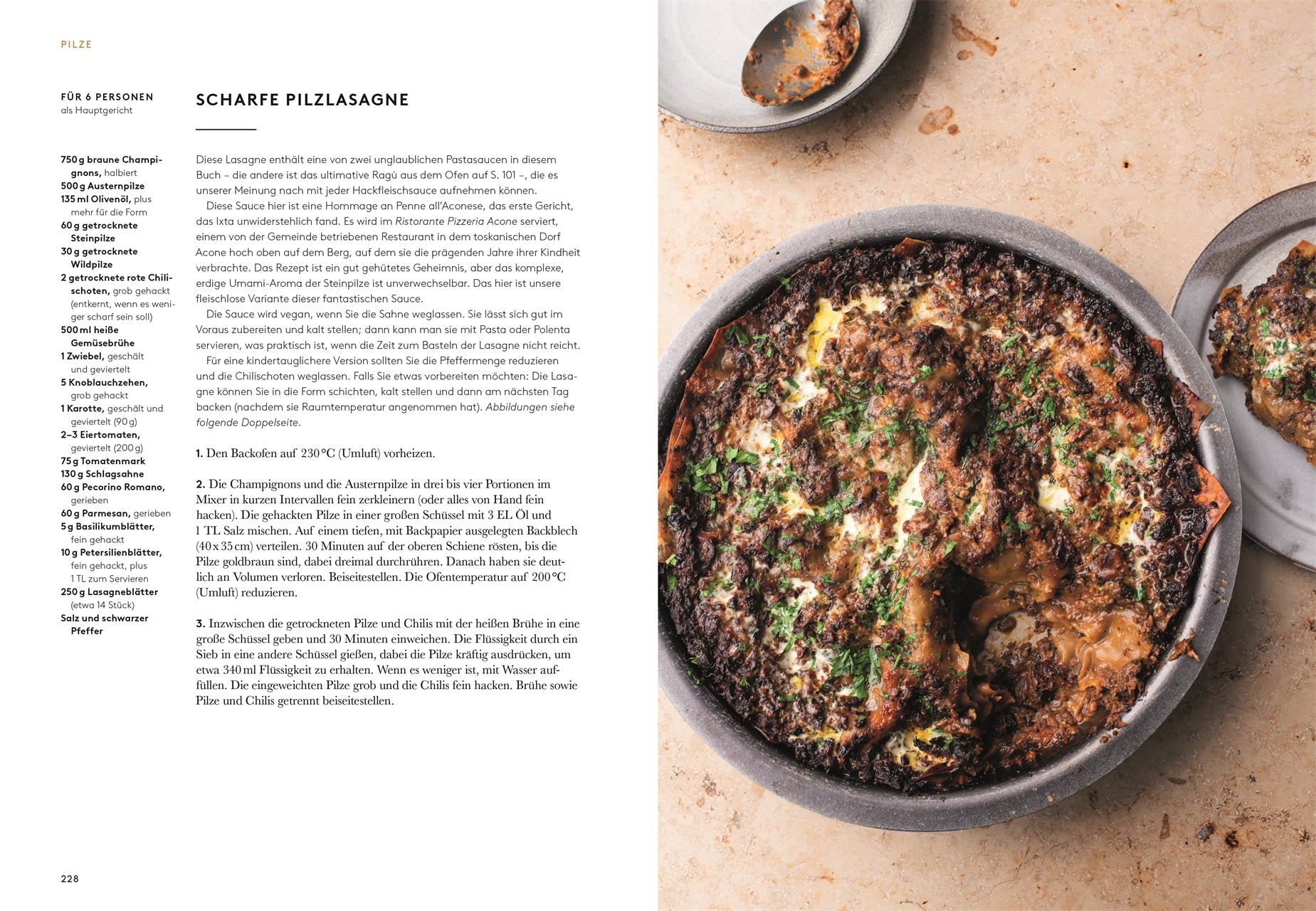 Ein runder Teller mit pikanter Pilzlasagne, überbacken mit Käse und Kräutern, ruht auf einer leichten Unterlage. Durch Aufschneiden werden die Schichten sichtbar - ideal für Liebhaber vegetarischer Rezepte. Das Rezept aus "Flavour" vom DK Verlag ist auf der linken Seite zu sehen.