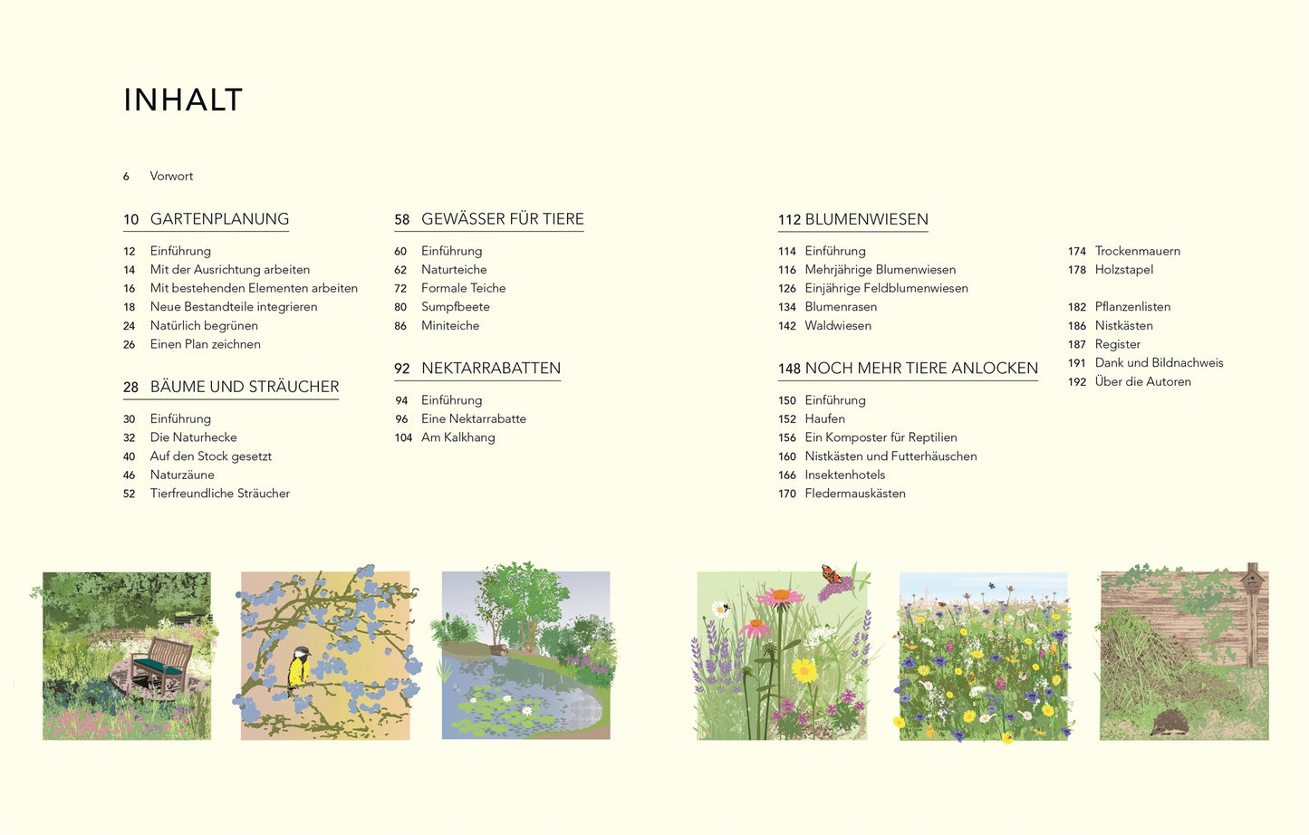 Inhaltsverzeichnis für "Wildnis im Garten" vom DK Verlag: Gartenplanung, Bäume, Sträucher, Wasserspiele, Nektarbeete, Blumenwiesen, Wildtiere. Illustrierte Naturgartenszenen zieren den Boden.