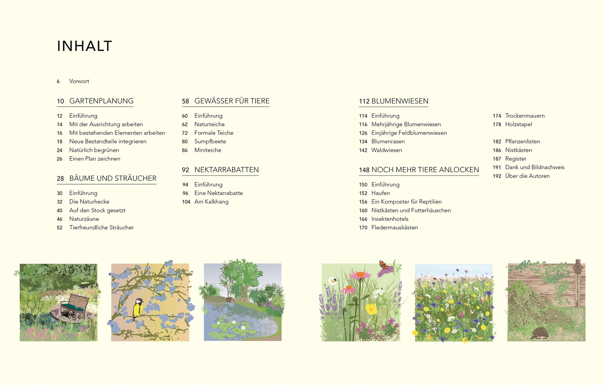 Inhaltsverzeichnis für "Wildnis im Garten" vom DK Verlag: Gartenplanung, Bäume, Sträucher, Wasserspiele, Nektarbeete, Blumenwiesen, Wildtiere. Illustrierte Naturgartenszenen zieren den Boden.