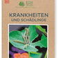 Buchumschlag mit dem Titel "Grünes Gartenwissen. Krankheiten und Schädlinge" aus dem DK Verlag mit einem Foto von Raupen auf einem grünen Blatt; das Buch gibt Tipps zum ökologischen Pflanzenschutz und zur natürlichen Schädlingsbekämpfung.