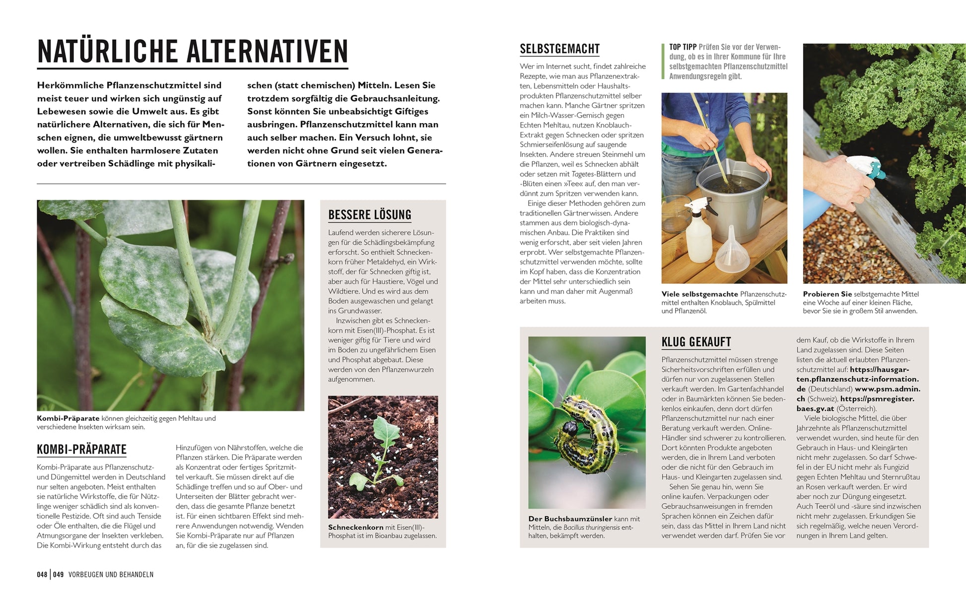 Eine deutsche Magazinseite für das Buch "Grünes Gartenwissen" des DK Verlags. Krankheiten und Schädlinge" zeigt Fotos von selbstgemachten Pflanzensprays, von schädlingsbefallenen Blättern, vom Anmischen von Lösungen und durchgehend Tipps zur natürlichen Schädlingsbekämpfung.