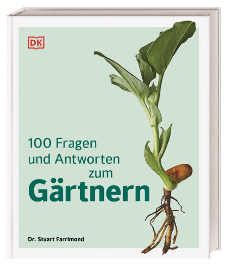 Buchcover "100 Fragen und Antworten zum Gärtnern" von DK Verlag: Hellgrüner Hintergrund, sprießendes Pflänzchen mit Wurzeln und Blättern - das perfekte Nachschlagewerk für alle Gartenfragen.