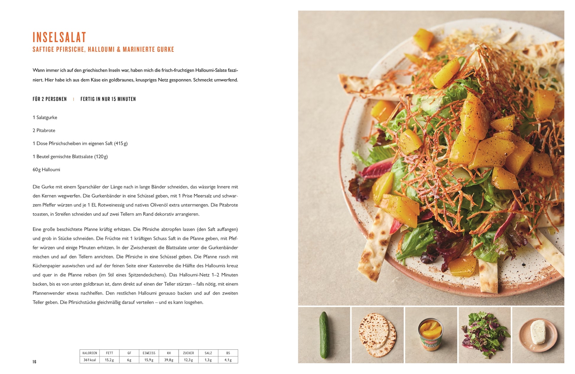 Ein bunter Salat mit Pfirsichen, Halloumi, Grünzeug und Gurken wird auf einem weißen Teller serviert, garniert mit Kräutern und Brotsticks - perfekt für Fans von stressfreien Rezepten oder inspiriert von mediterranen Rezepten aus 5 Zutaten mediterran vom DK Verlag.