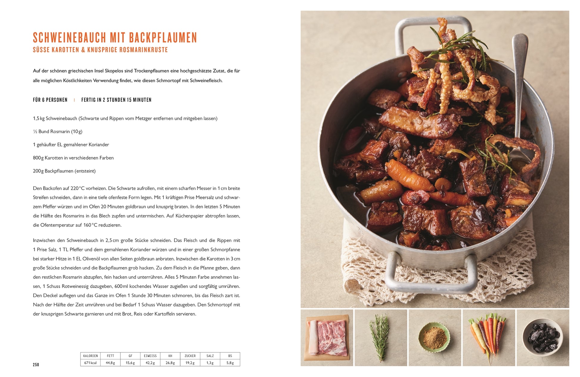 Ein Topf mit geschmortem Schweinebauch, Rippchen, Karotten und Pflaumen, garniert mit Rosmarin. Vier Zutatenfotos unten. "5 Zutaten mediterran" aus dem DK Verlag bietet inspirierende mediterrane Rezepte in deutscher Sprache, die an das Kochbuch von Jamie Oliver erinnern.