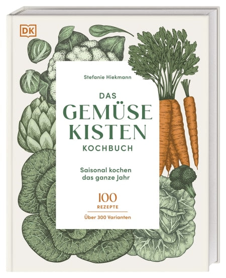 Buchcover von Das Gemüsekisten Kochbuch des DK Verlags, mit illustriertem Brokkoli, Karotten, Kohl und Grünkohl. Mit 100 Gemüserezepten und über 300 Variationen für die nachhaltige und saisonale Küche.