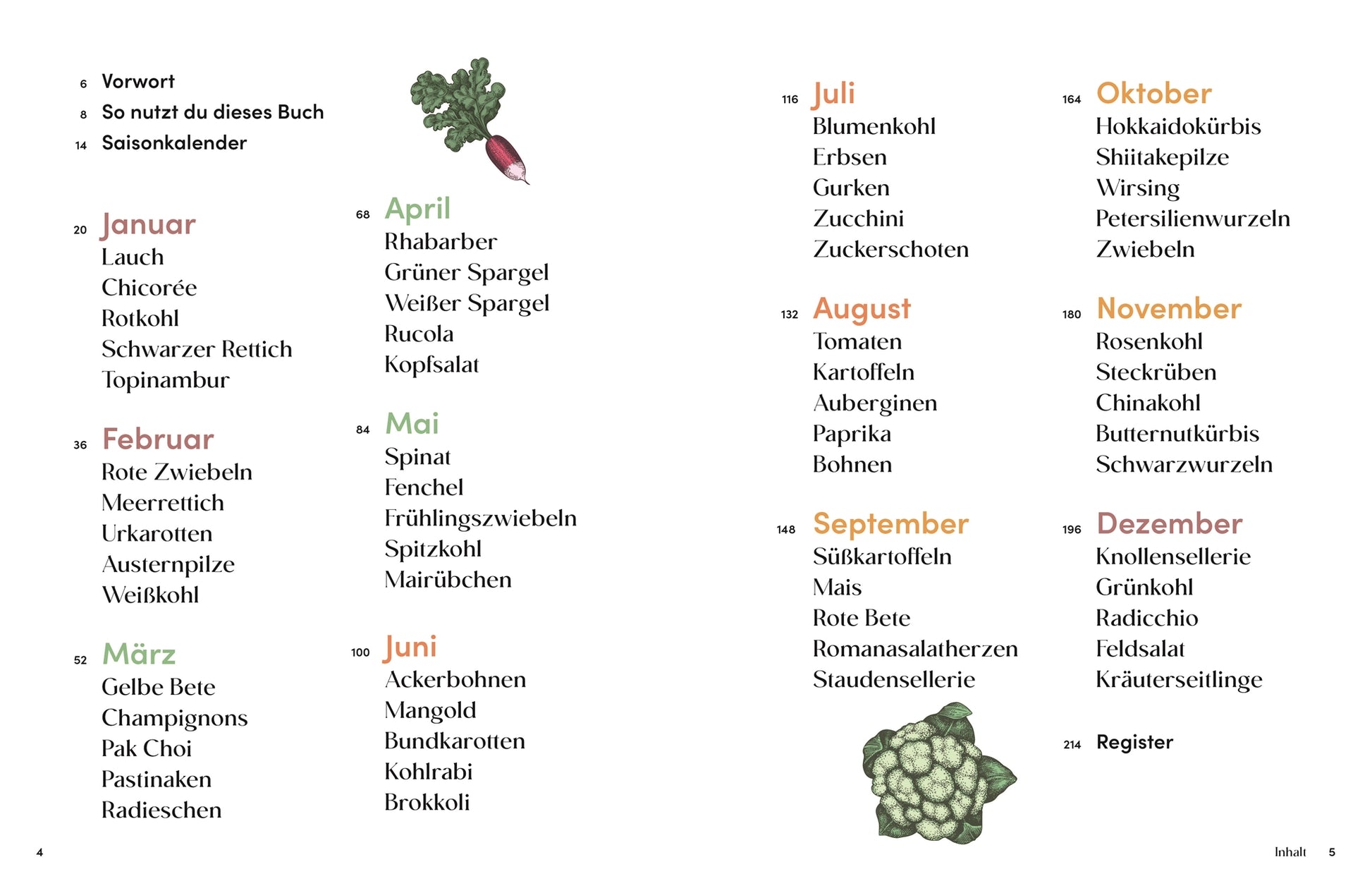 Das Gemüsekisten Kochbuch von DK Verlag bietet einen übersichtlichen Kalender mit saisonalem Obst und Gemüse für jeden Monat, klar gestaltet mit Illustrationen-ideal für nachhaltiges Kochen und saisonale Küche.