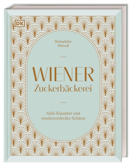 Das hellblaue Cover der "Wiener Zuckerbäckerei" aus dem DK Verlag ist mit goldenen Art-Deco-Motiven und Texten versehen, die von der Wiener Kaffeehauskultur inspiriert sind. Untertitel: "Süße Klassiker und wiederentdeckte Schätze.