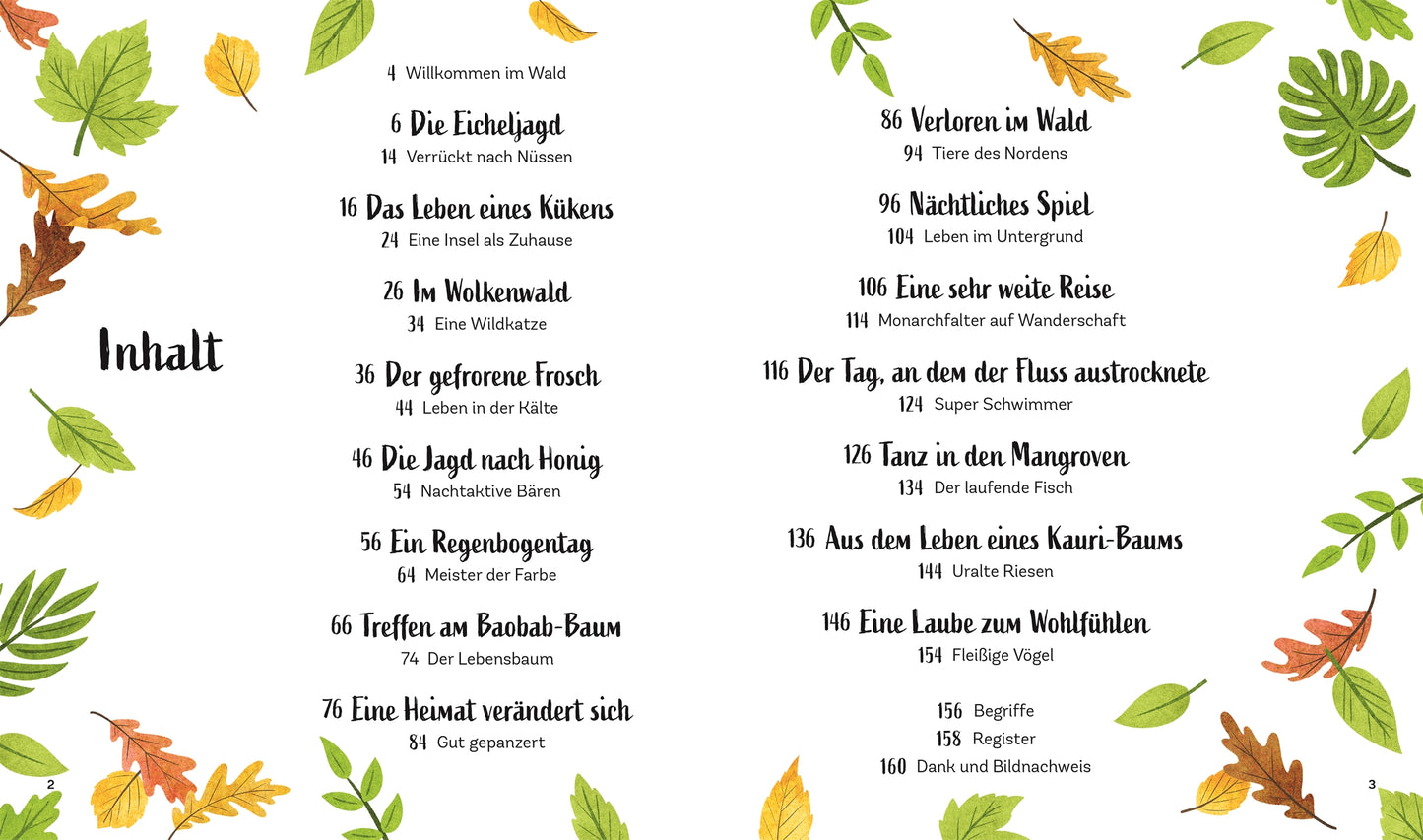 Mit illustrierten Herbstblättern verzierte, deutschsprachige Inhaltsseite mit nummerierten Kapiteln - ideal für "Zauber des Waldes - Tiergeschichten" von DK Verlag, ein Natur- und Waldkinderbuch ab 5 Jahren.