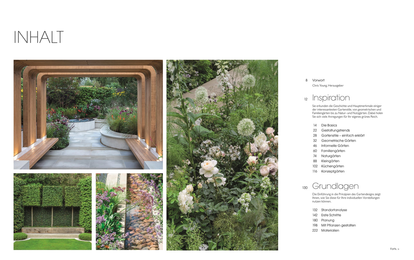 Ein stilvoller Garten mit Holzbögen, Stein- und Kieswegen, üppigen Beeten und grünen Mauern. Rechts ein deutsches Inhaltsverzeichnis mit Themen aus "Gartendesign - Die große Enzyklopädie" vom DK Verlag.