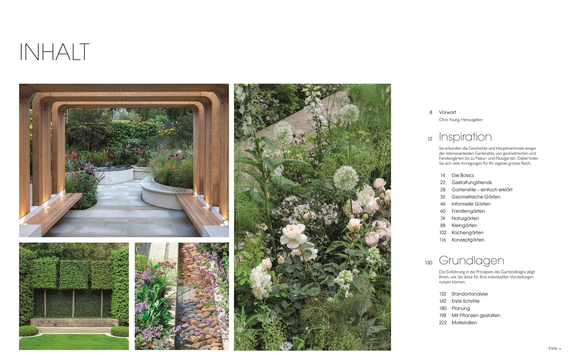 Ein stilvoller Garten mit Holzbögen, Stein- und Kieswegen, üppigen Beeten und grünen Mauern. Rechts ein deutsches Inhaltsverzeichnis mit Themen aus "Gartendesign - Die große Enzyklopädie" vom DK Verlag.