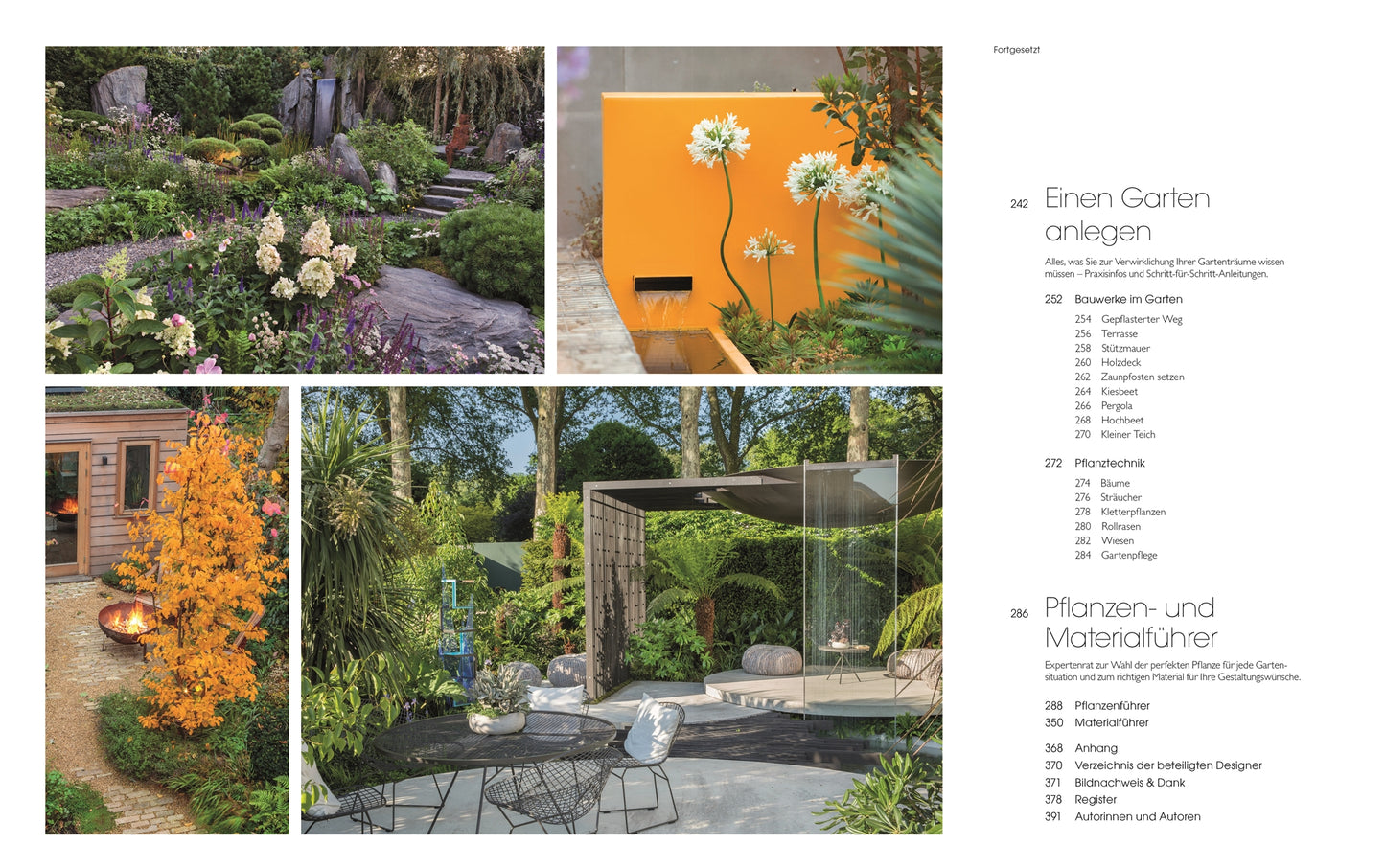 Eine Collage von angelegten Gärten, blühenden Pflanzen, einer orangefarbenen Wand mit weißen Blumen, Sitzgelegenheiten auf der Terrasse und einem Gartenweg. Rechts sehen Sie das Inhaltsverzeichnis von "Gartendesign - Die große Enzyklopädie" aus dem DK Verlag in deutscher Sprache.
