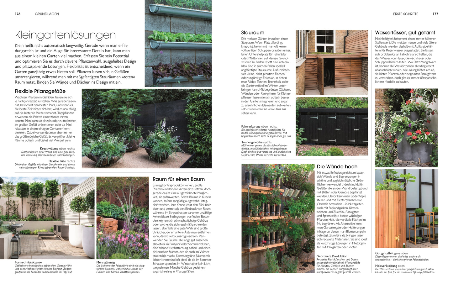 Eine Magazinstrecke zeigt Gartendesign - Die große Enzyklopädie aus dem DK Verlag mit Fotos von vertikalen Gärten, Topfpflanzen, Hochbeeten und grünen Wänden sowie Tipps von Experten, die Sie bei Ihrem nächsten Grünprojekt inspirieren.