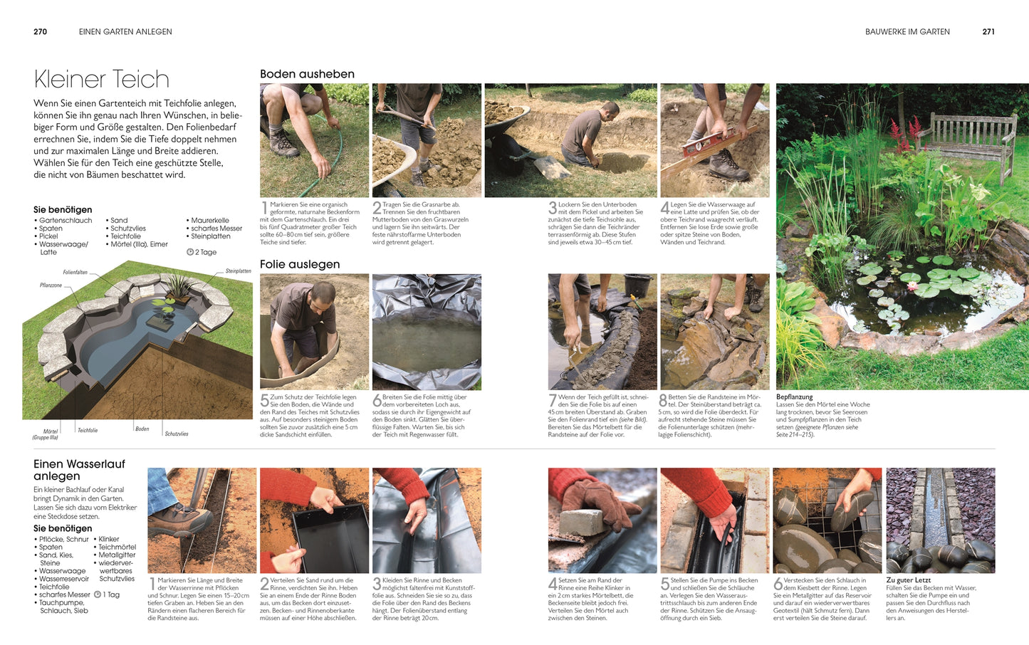 Entdecken Sie die Schritt-für-Schritt-Fotoanleitungen aus "Gartendesign - Die große Enzyklopädie" des DK Verlags für den Bau eines kleinen Teichs, inklusive Ausheben, Auskleiden mit Folie und Anlegen eines Wasserfalls - ideal für die kreative Gartengestaltung mit Pflanzen und Steinen.