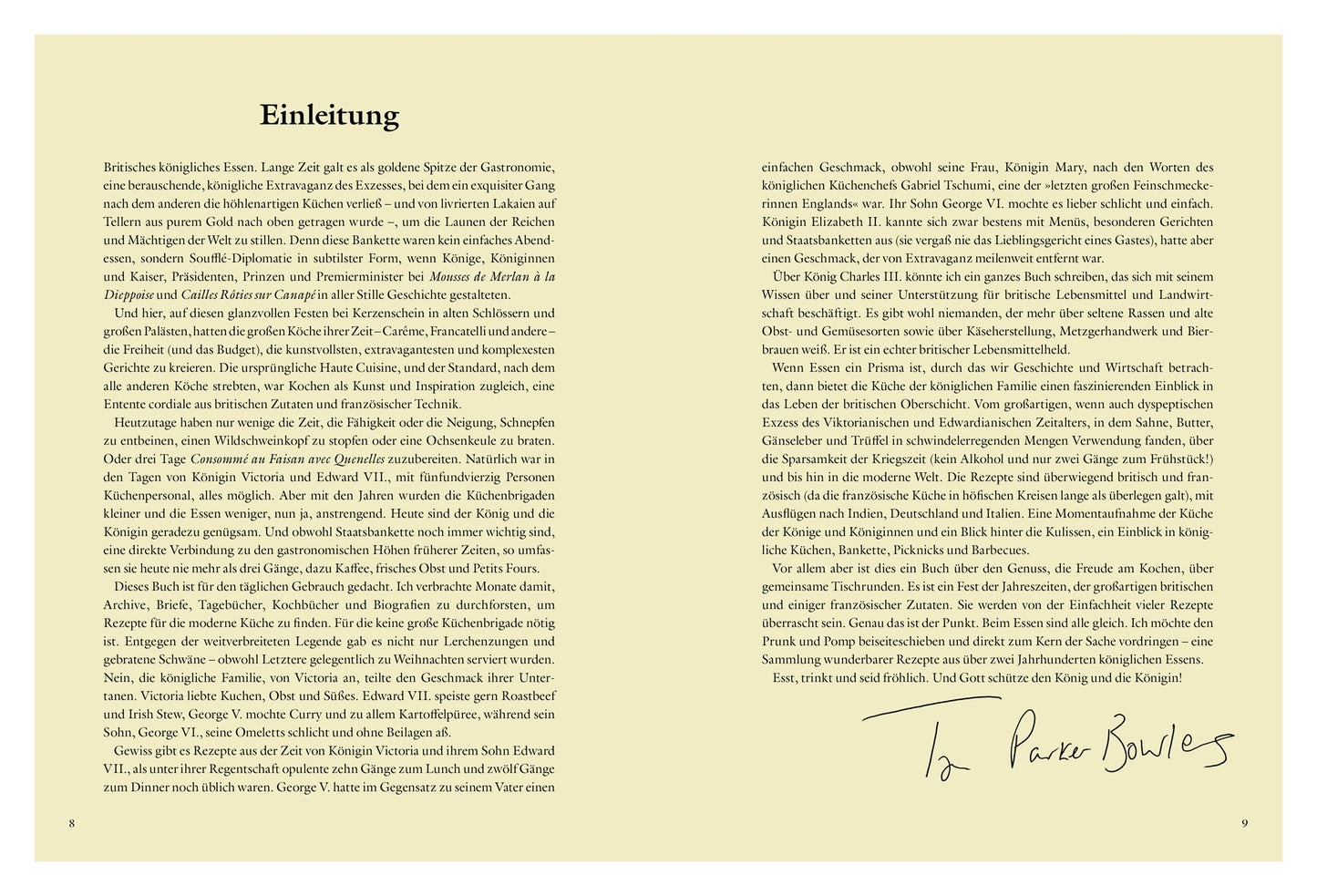 Eine Doppelseite aus "Zu Tisch bei den Royals" vom DK Verlag in deutscher Sprache hat eine Einleitung, bespricht die königliche Küche, enthält Text und eine Unterschrift von La Reine Boules unten rechts, alles auf einem hellgelben Hintergrund.