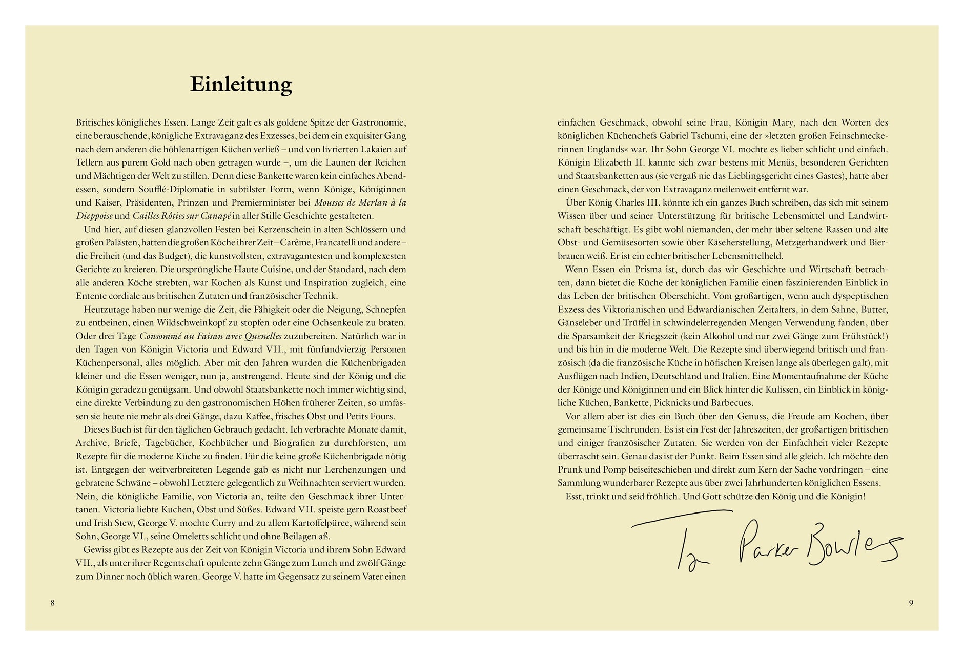 Eine Doppelseite aus "Zu Tisch bei den Royals" vom DK Verlag in deutscher Sprache hat eine Einleitung, bespricht die königliche Küche, enthält Text und eine Unterschrift von La Reine Boules unten rechts, alles auf einem hellgelben Hintergrund.
