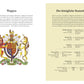 Eine lebendige Illustration des königlichen Wappens Großbritanniens mit Löwe und Einhorn, deutscher Text über die britischen Royals und ein Stammbaumdiagramm auf Hellgelb, aus "Zu Tisch bei den Royals" vom DK Verlag.