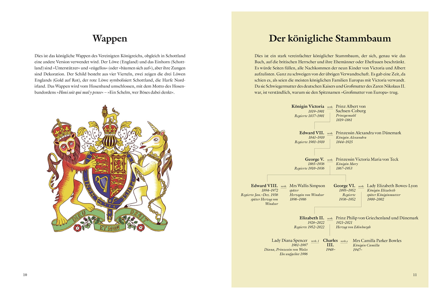 Eine lebendige Illustration des königlichen Wappens Großbritanniens mit Löwe und Einhorn, deutscher Text über die britischen Royals und ein Stammbaumdiagramm auf Hellgelb, aus "Zu Tisch bei den Royals" vom DK Verlag.
